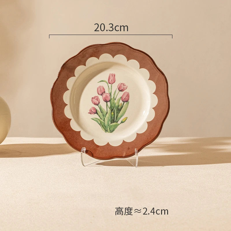 Retro Tulips Flower Ceramic Light Luxury Exquisite Dessert Plate