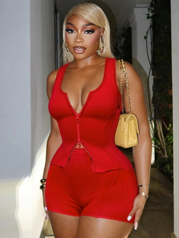 Casual Women 2 Piece Set Stretch Double Zip Tank Tops+Shorts Matching Patchwork Simple Basic Streetwear