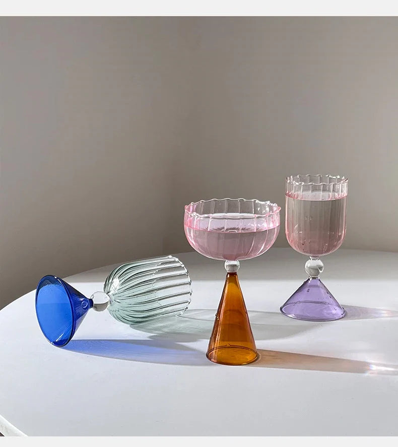 Clear Two Tone Green Blue Amber Purple Colored Ripple Style Martini Mojito Champagne Margarita Cocktail Glasses Goblet Cup