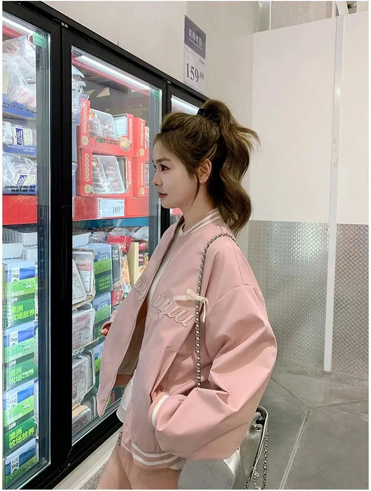 Sweet Butterfly Knot Pink Baseball Jacket Women's Spring Autumn Casual Loose Fit round Neck Full Sleeve Fashionable Coat
