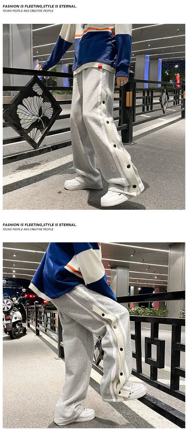 Harajuku Wide Leg Sweatpants Oversize Men Streetwear Side Button Baggy Pants Casual Hearts Sport Split Basketball Women Track Trousers