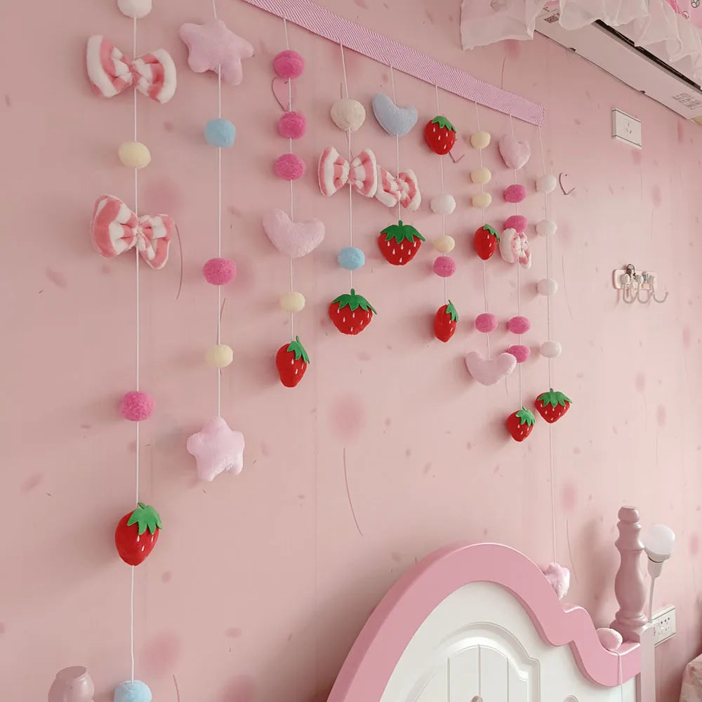 Pink Kawaii Doorway Curtains Plush Strawberry Ball Door Curtain Pendant Melody Bedroom Partition Window Valance Decor Christmas