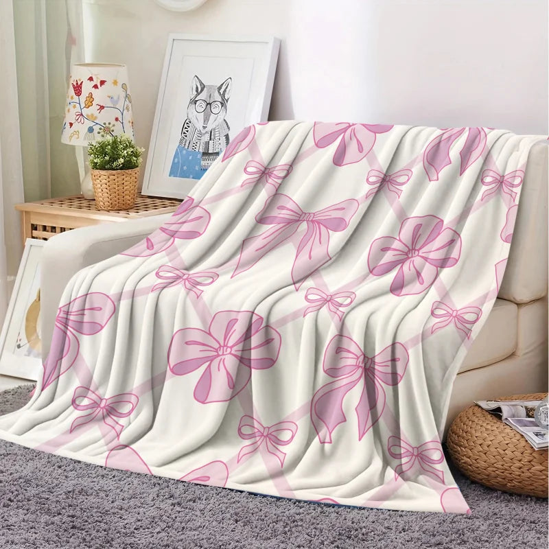 Pink Bow Blanket, Flannel Decorative Blanket, Bedding Accessories, Soft Cozy Warm Blanket