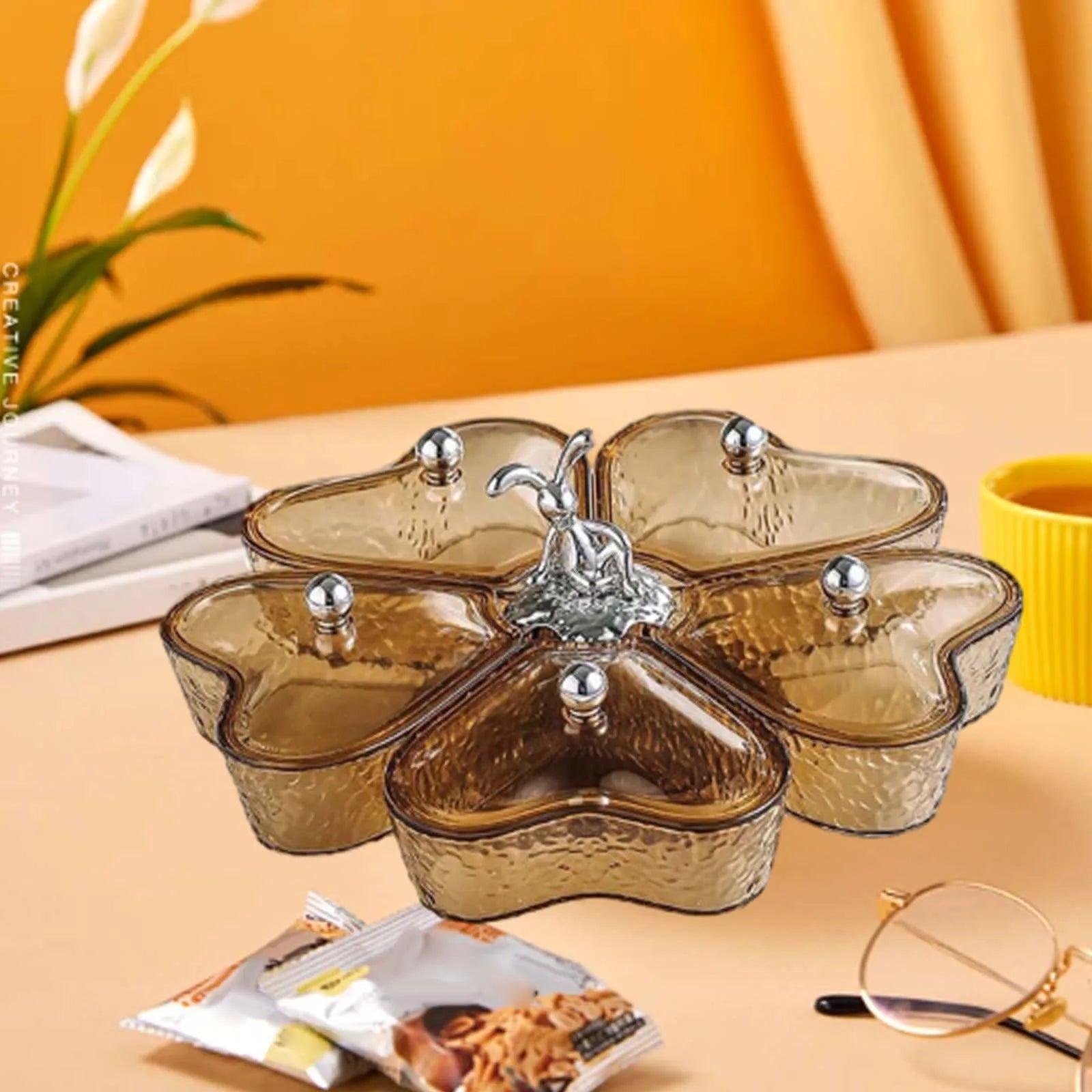 Divided Serving Tray Fruit Plate Organizer Nut Candy Veggie Tray Rotating Snack Platter for Candy Nuts Sweets Fruit Tea Party