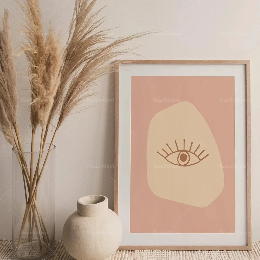 Traditional Evil Eye Flowers Pink Wall Art  MidCentury Modern Boho Decor Minimalist Digital Print Printable Canvas Painting