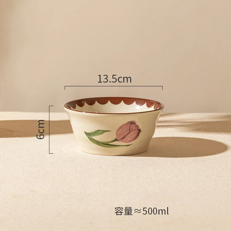 Retro Tulips Flower Ceramic Light Luxury Exquisite Dessert Plate