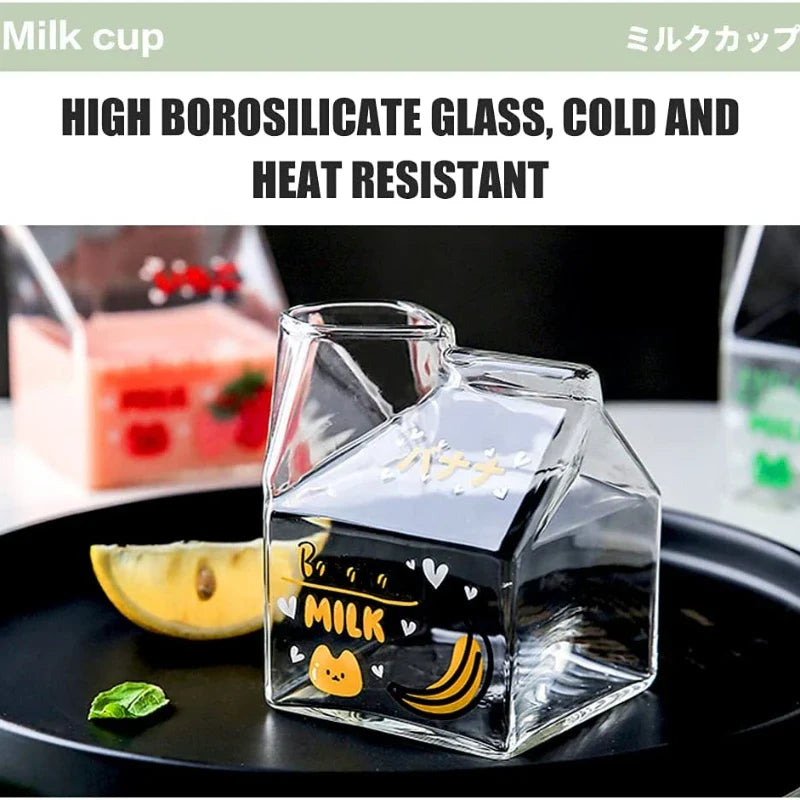 Kawaii Square Milk Carton Glass Cup Heat Resistant Cute Strawberry Peach Breakfast Cup Pudding Cup 380ml