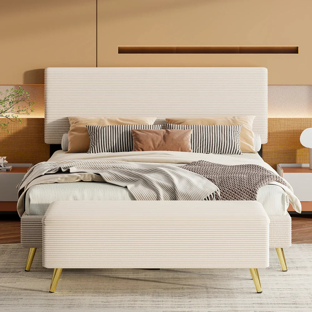 Pink 2 Pieces Bedroom Sets Queen Size Upholstered Bed Frame, Modern Corduroy Storage Ottoman