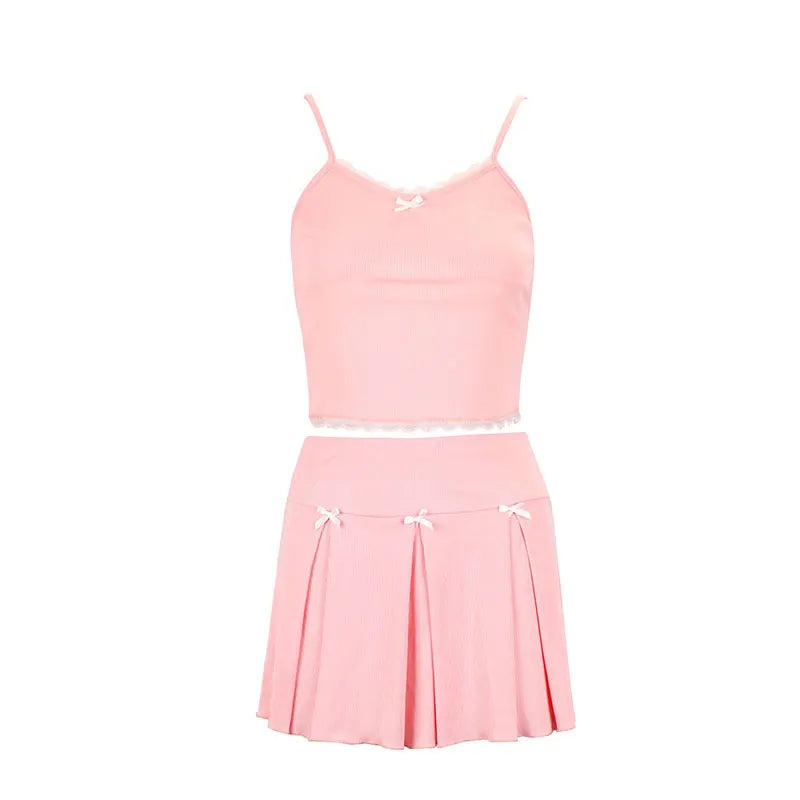 Women's 2 Piece Streetwear New Bow Pleated Skirt Pink Sweet Sexy Lace Backless V-Neck