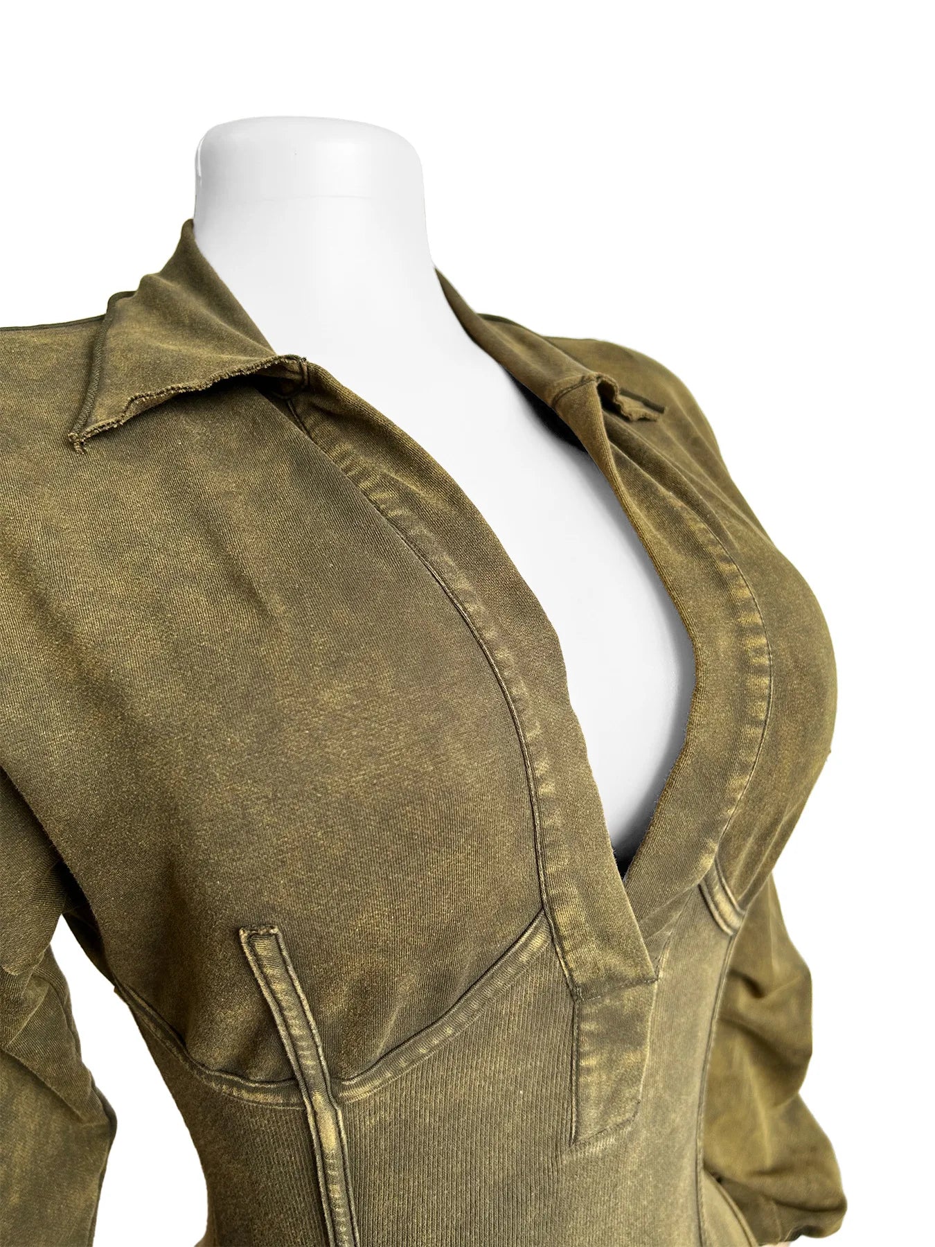 Washed Distressed Jumpsuit Women Ribbed V-Neck Solid SKinny Long Sleeve