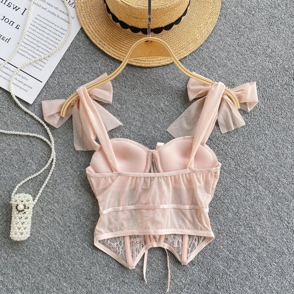 Spaghetti Strap Tank Top for Women Strapless Build in Bra Lace Patchwrok Tulle Bow Camis Summer Casual Female Camisoles