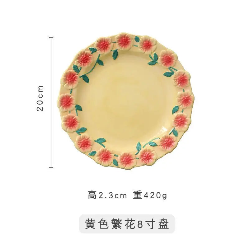 Flower Plate Embossed Small Flower Dessert Plate Ceramic Plate Under Glaze Colored Hand-painted Tableware