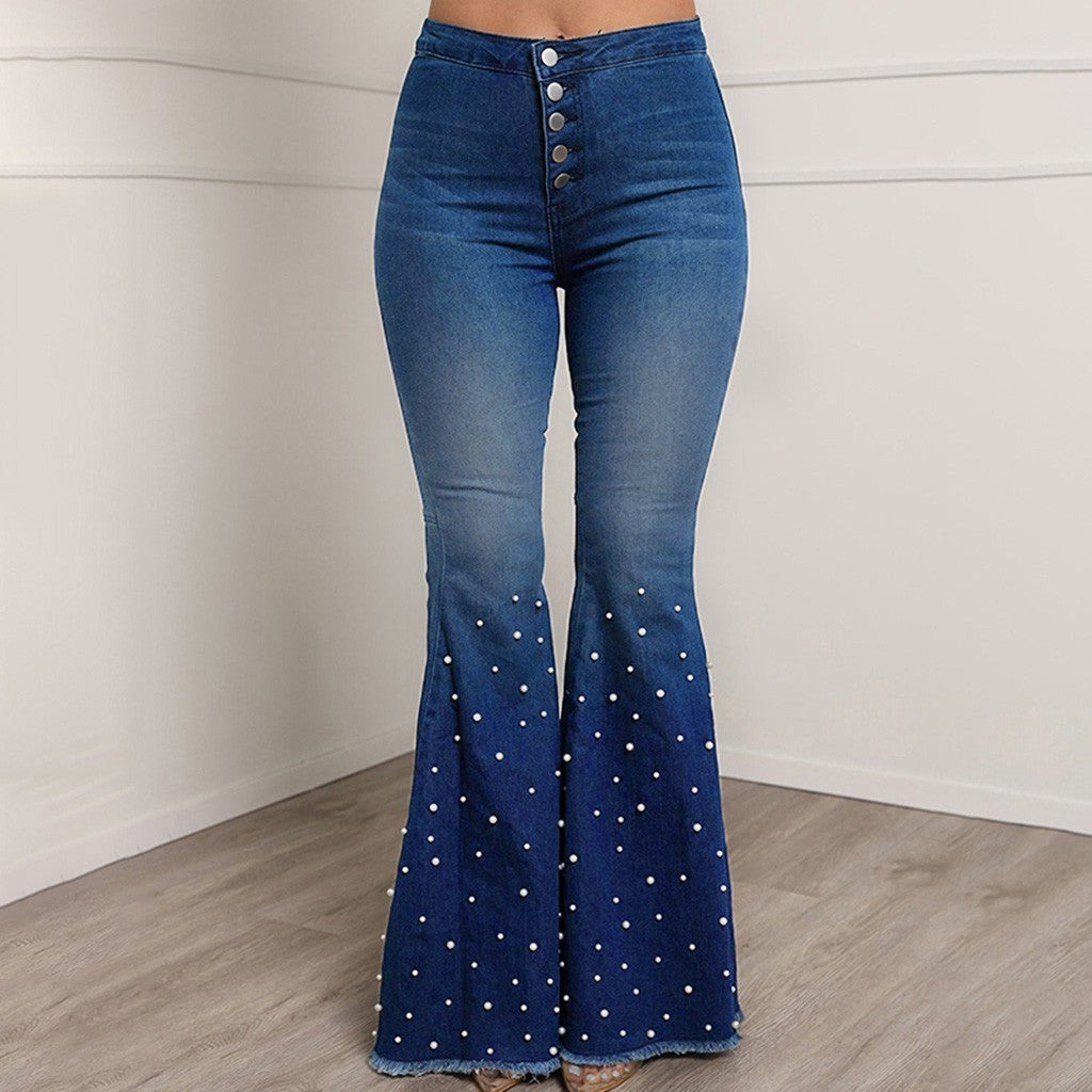 Denim High Waist Jeans Button Tassel Pants Trousers Bell-Bottom Pants Loose Straight Jeans