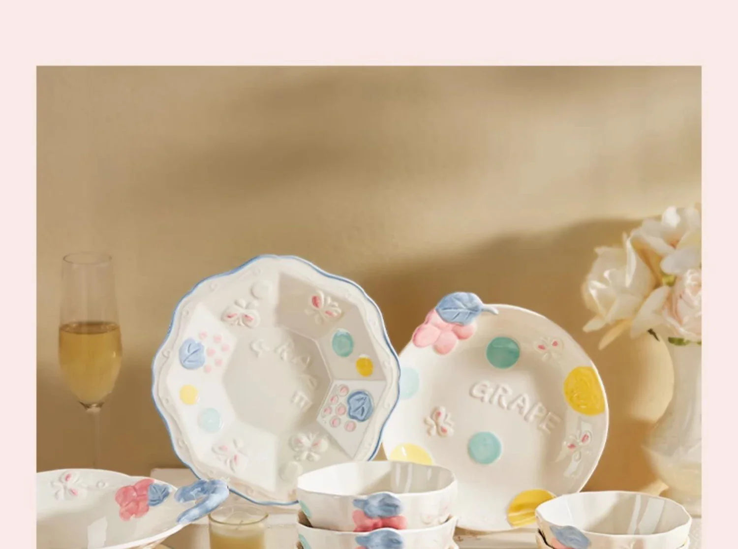 Cute Pattern Ceramic Plates Print Round Deep Tableware