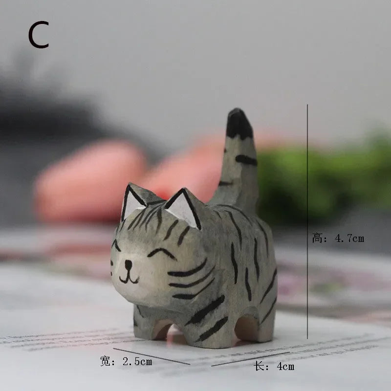 Handmade Wood Carving Kitten Ornaments Small Animal Creative Desktop Wood Cat Decoration Crafts