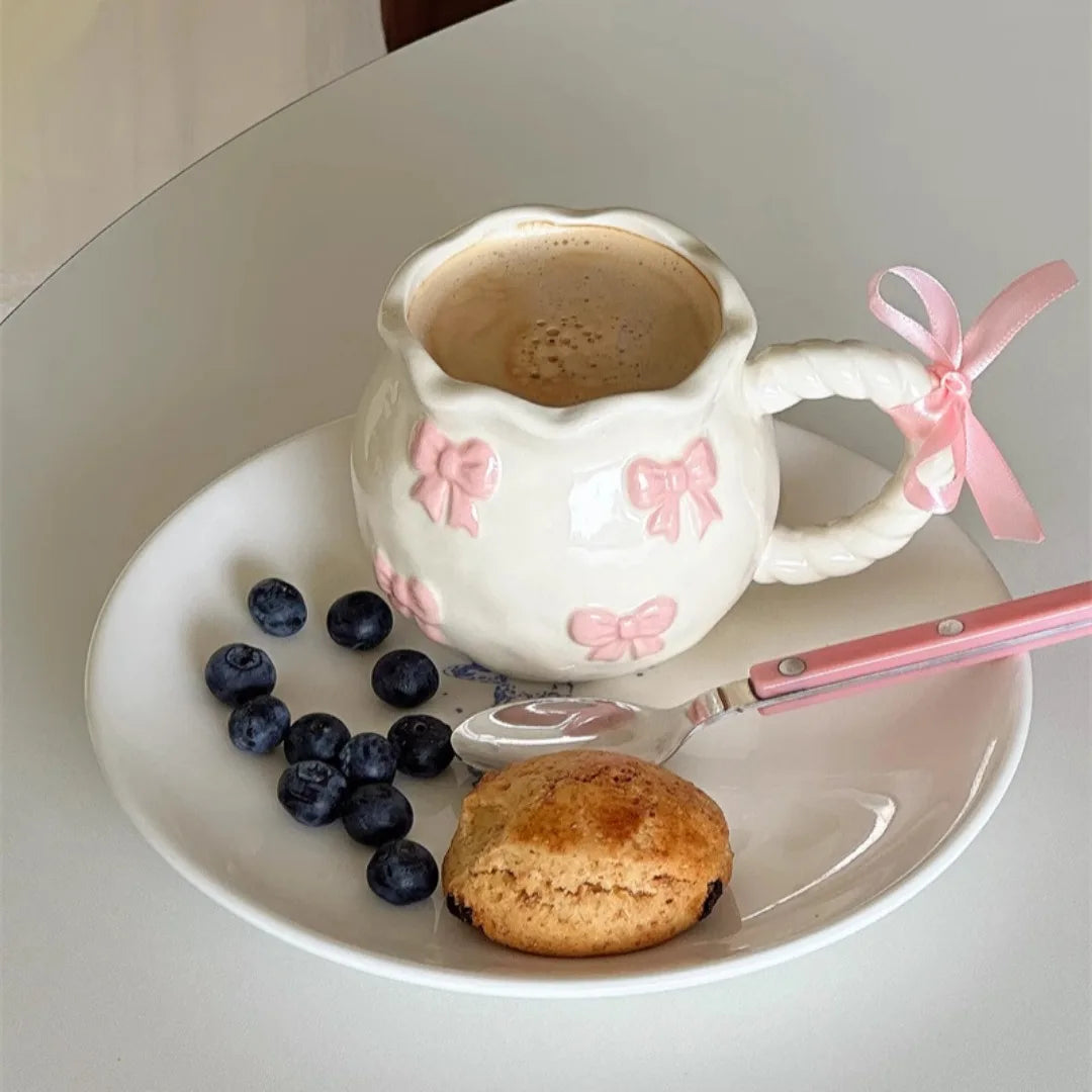 Simple Luxury Handmade Irregular Pink Three-Dimensional Bow Art Ceramic Cups