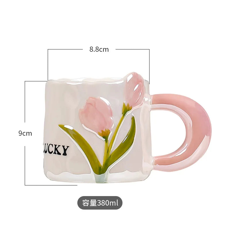 Creative Tulip Ceramic Cup with Handle Spoon Mugs