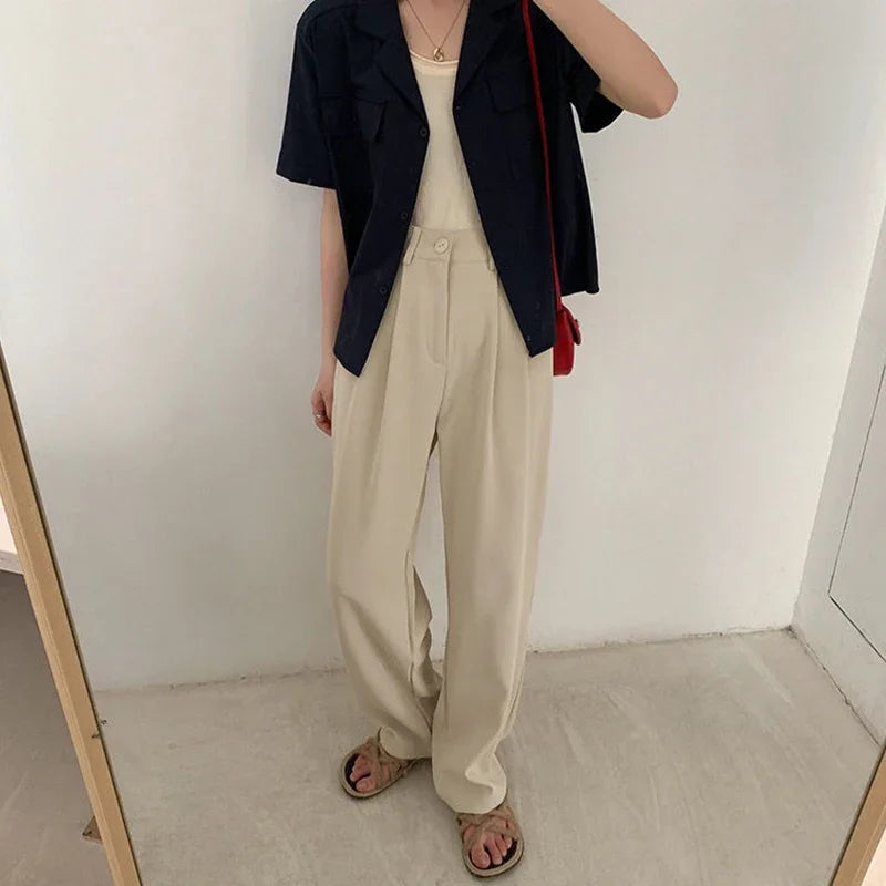 High Waist Women Suit Pants Fall Straight Office Ladies Fashion Trousers Casual Button Loose
