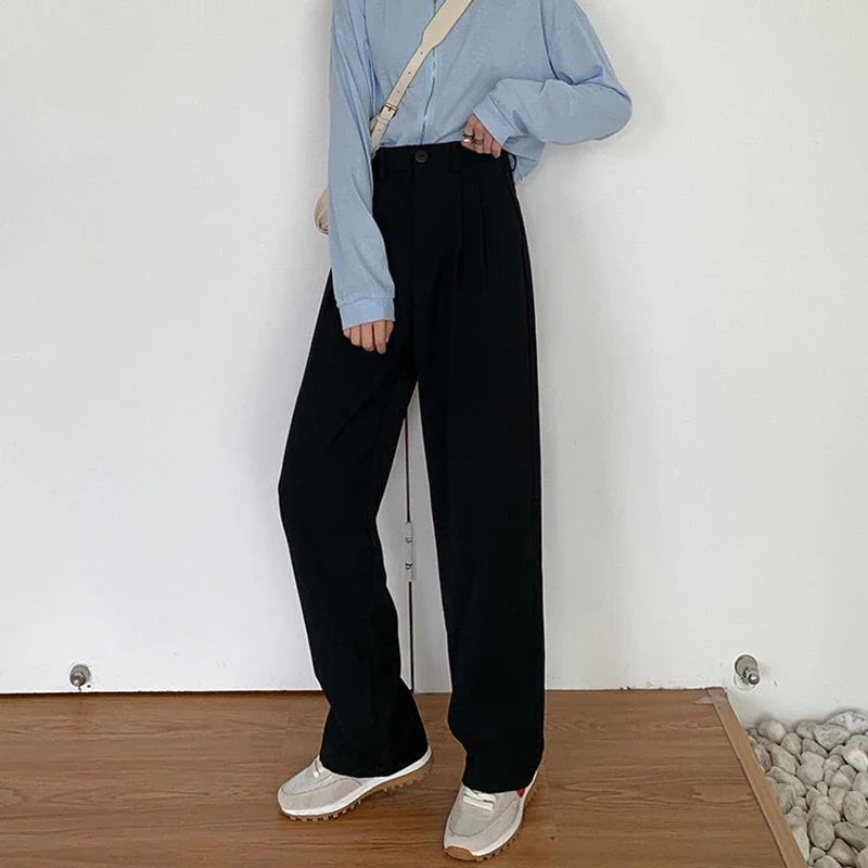High Waist Women Suit Pants Fall Straight Office Ladies Fashion Trousers Casual Button Loose