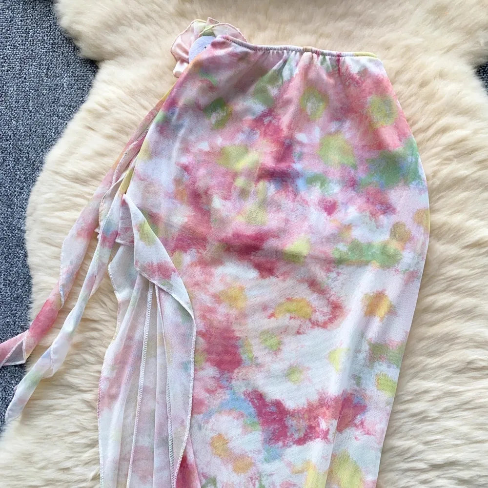 Flower Strapless Halter Tank Top and Split Ribbon Skirt Two Piece Set