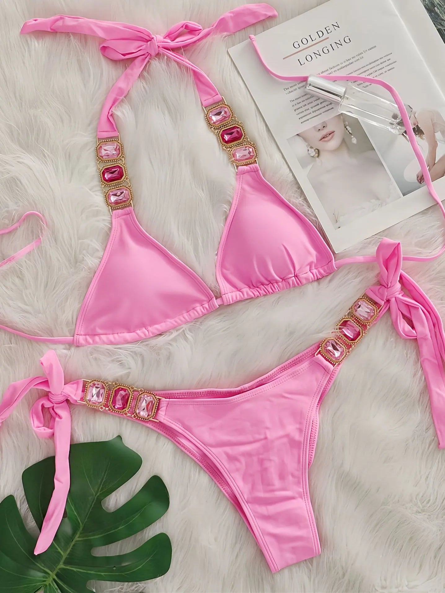 Sexy Rhinestone Bikini Set Women Luxury Pink Crystal Diamond Push Up Bandage Thong Swimsuit