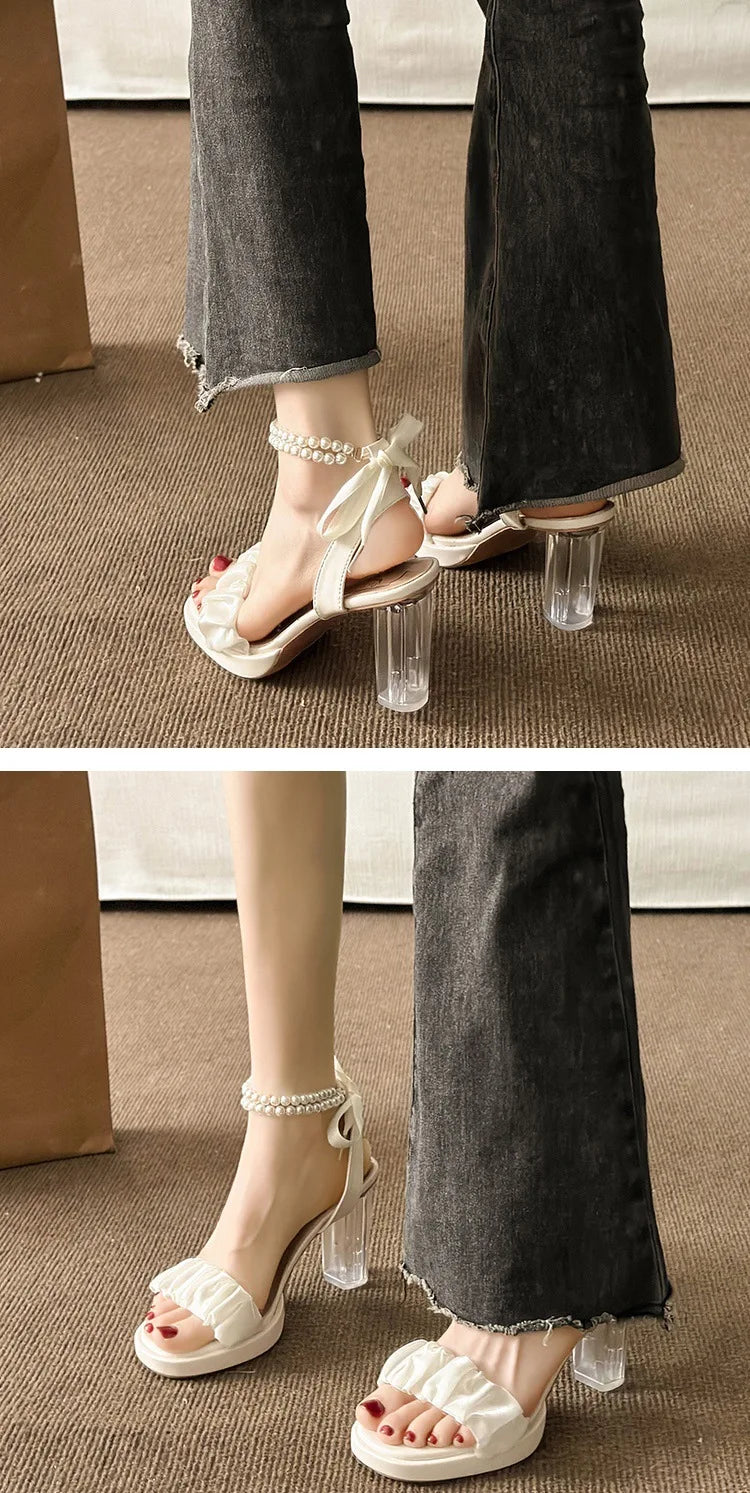 Women's Fashion Crystal Pearl High Heels Sandals