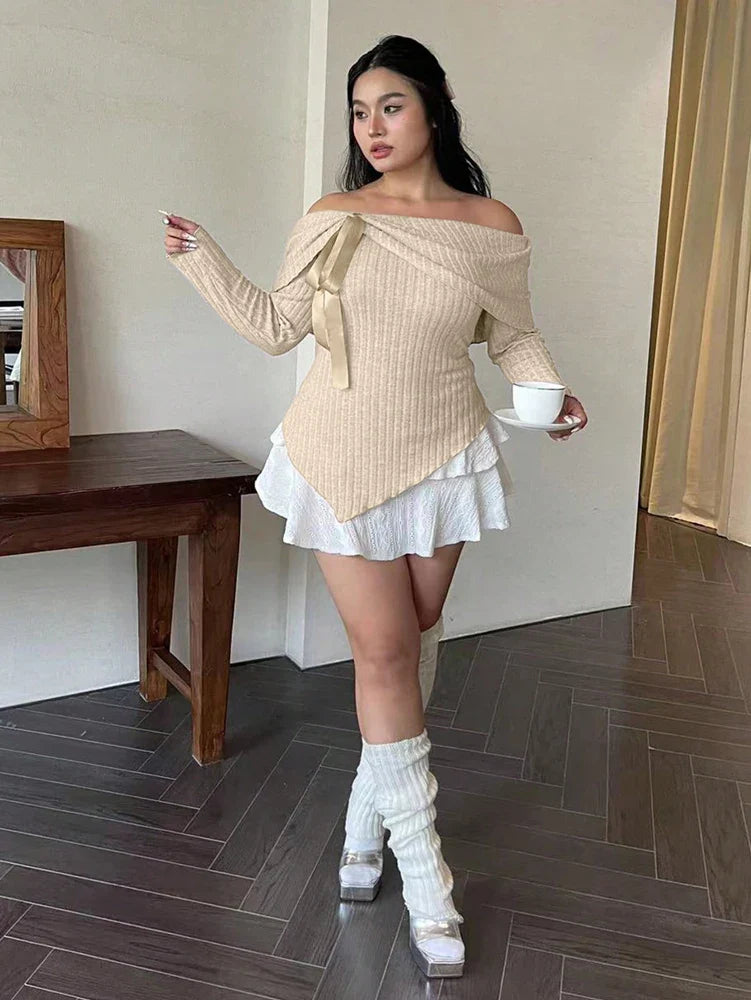 Plus Size Womens Solid Colour Strapless Long Sleeve Simple T Shirt Spring Daily Casual Dress Up Cute Wind Pure Colour Polyester
