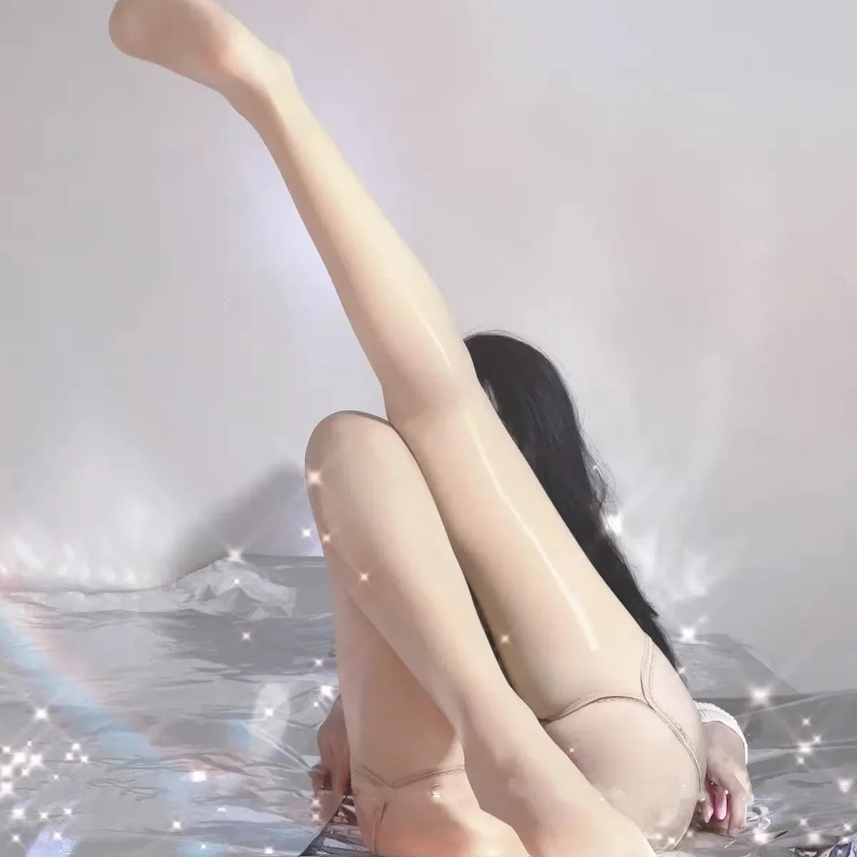 Lace Garter One-piece High Waist Stockings Hollow Oil Shiny Silk Smooth Sexy Pantyhose with Garters