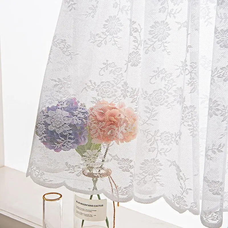 White Flower Lace Short Curtains with Wavy Lace Half Curtain