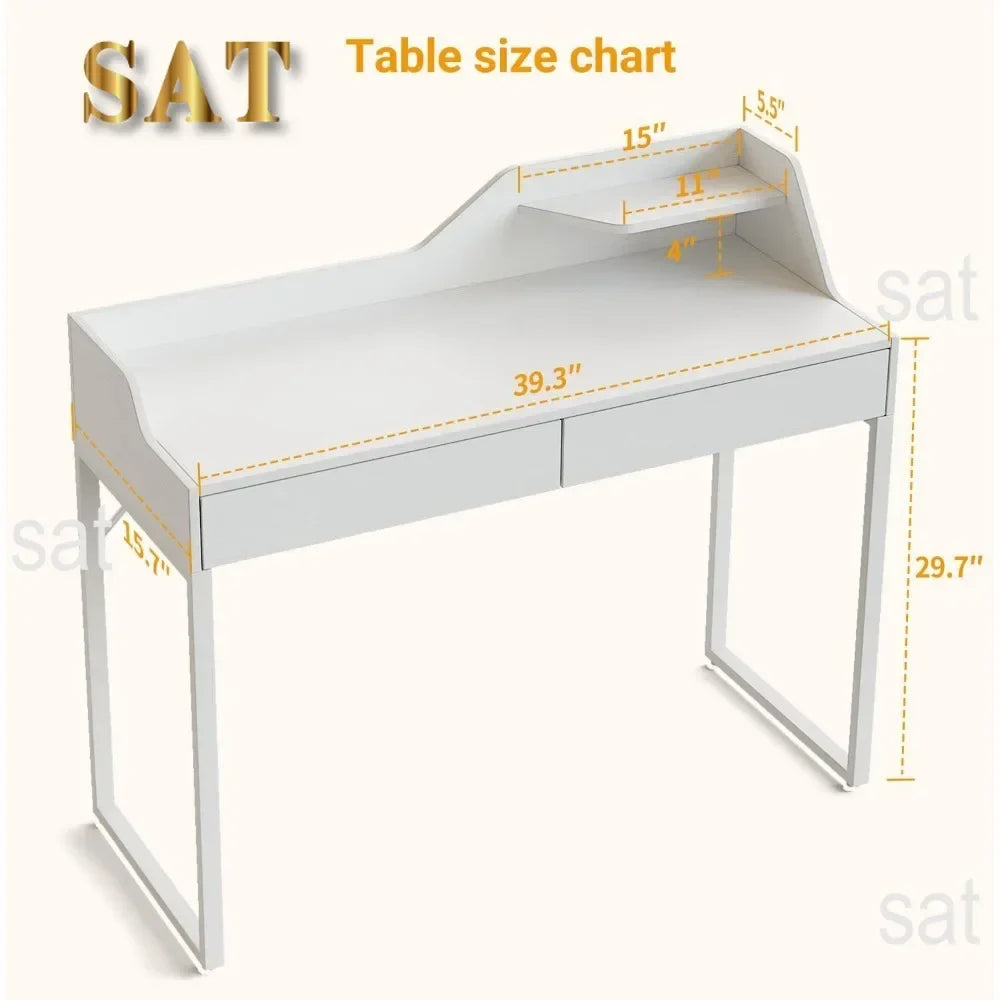 Vanity Desk with 2 Drawers, 40 Inch Computer Home Office Desk, Modern Makeup Dressing Desk, Study Work Table
