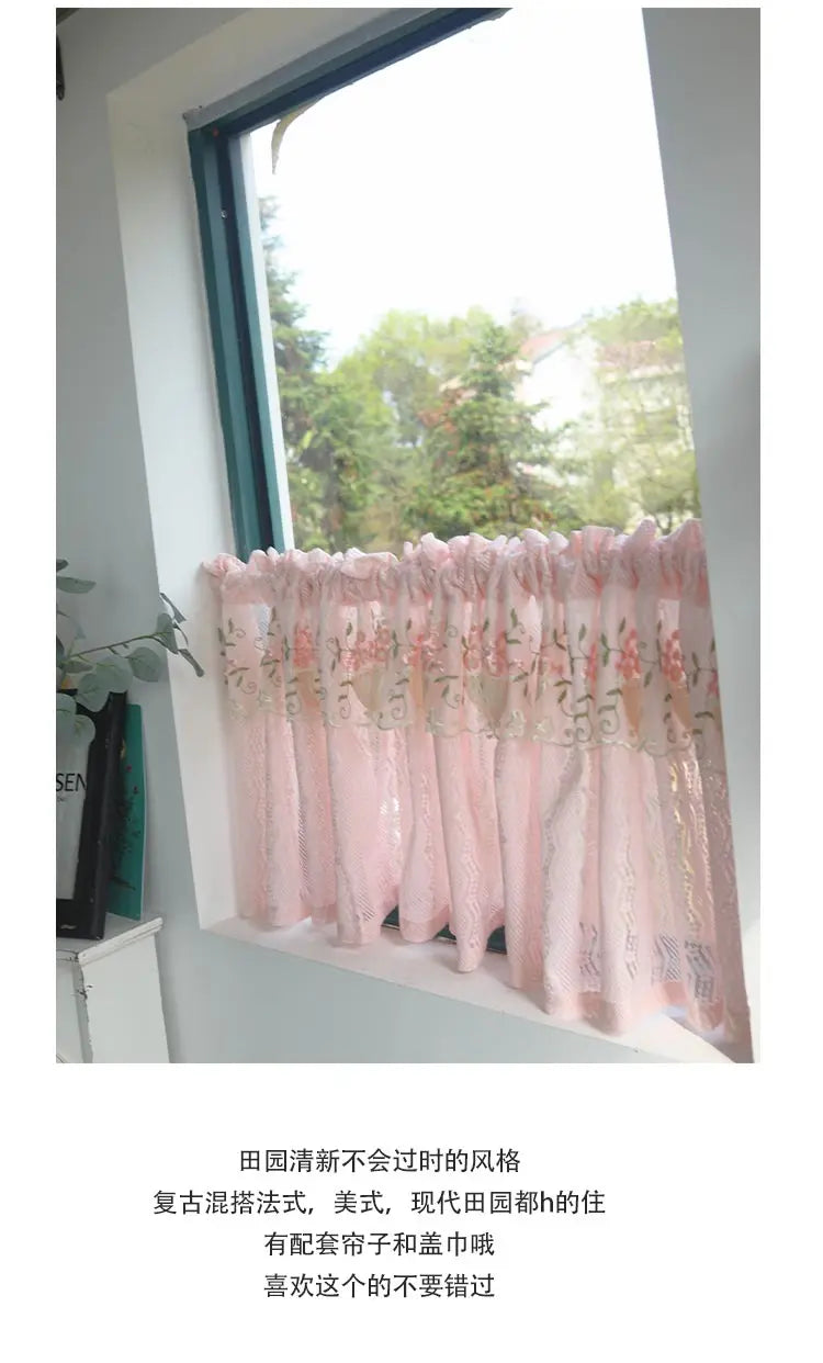 Pink Small Window Short Curtain Embroidery Floral Lace Half Window Curtains Sheer Tulle Home Decoration