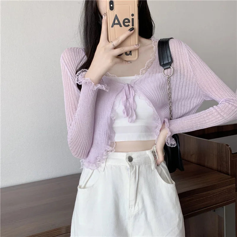 Lace Knitted Cardigans Long Sleeved Short Lace-Up Thin Shawl