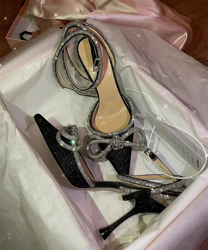 Glitter Crystal Women Pumps Sexy Ankle strap Rhinestones Bowknot High Heels