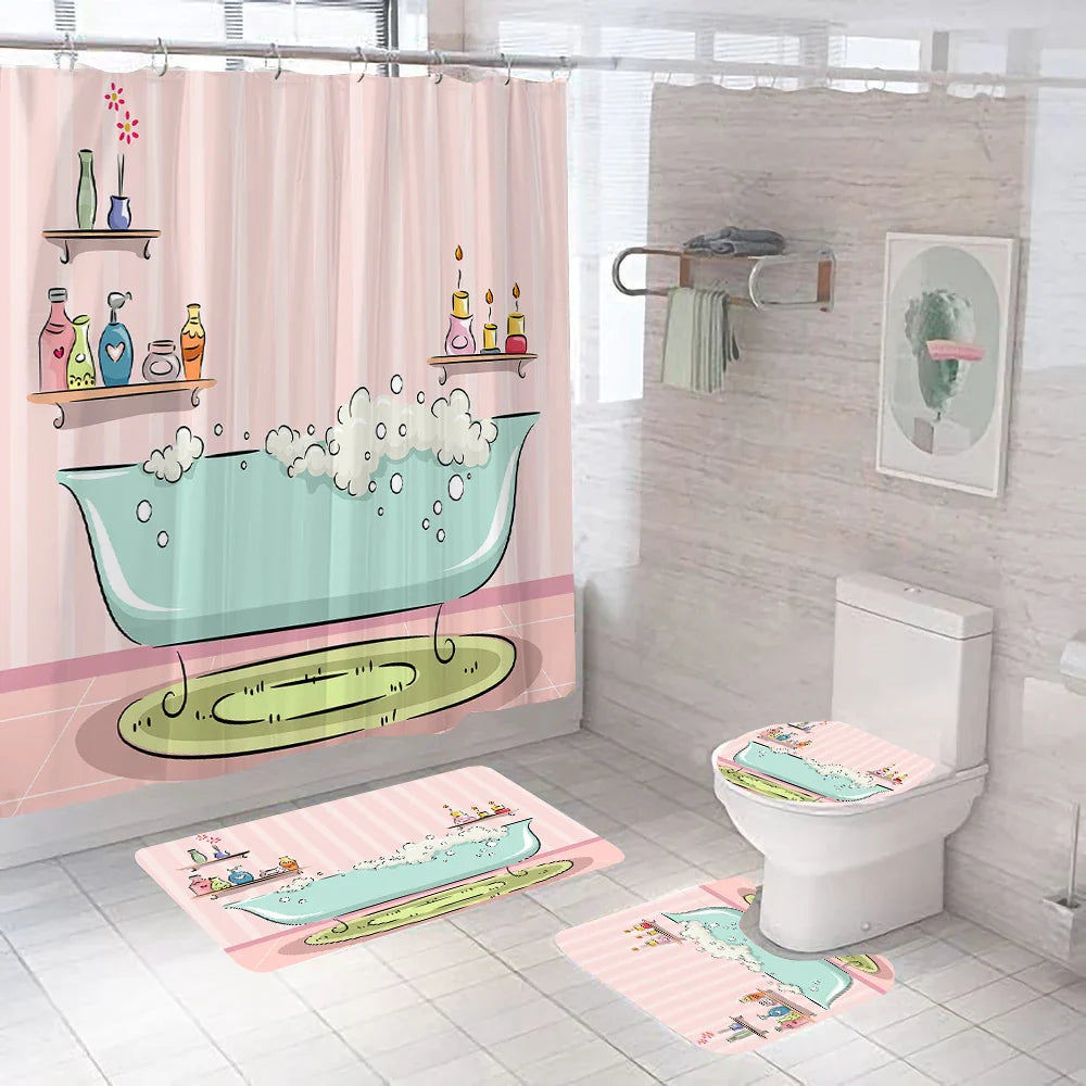 Pink Girl Print 3D Shower Curtain Romantic Polyester Bathroom Curtain Anti-slip Bath Mat Set Toilet Rugs Carpet Decor