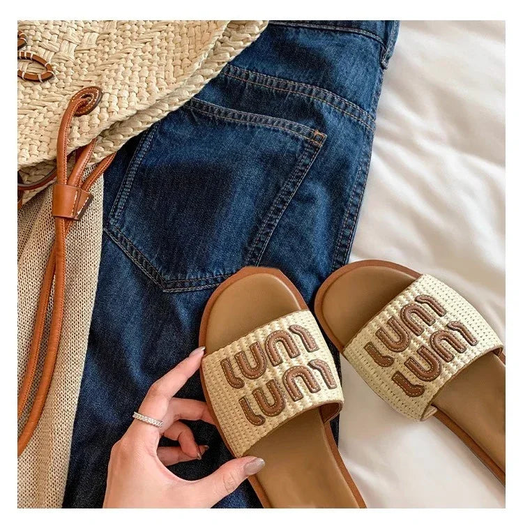 Vintage Woven Women's Sandals Fashion Letter Woven Flat Slippers