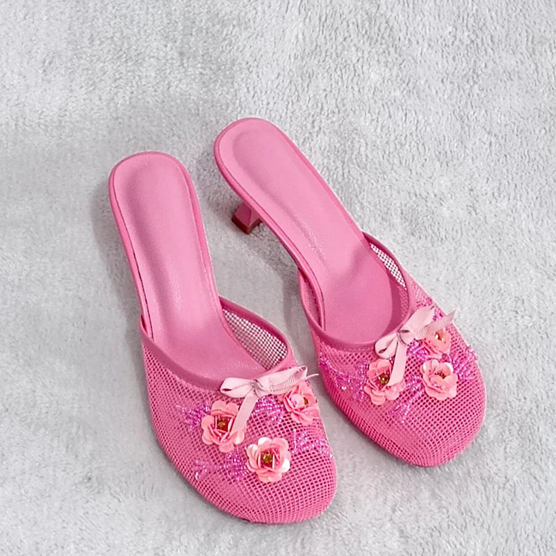 Summer Mesh Flower Beads Women Slides Sexy Thin Heel Sandals