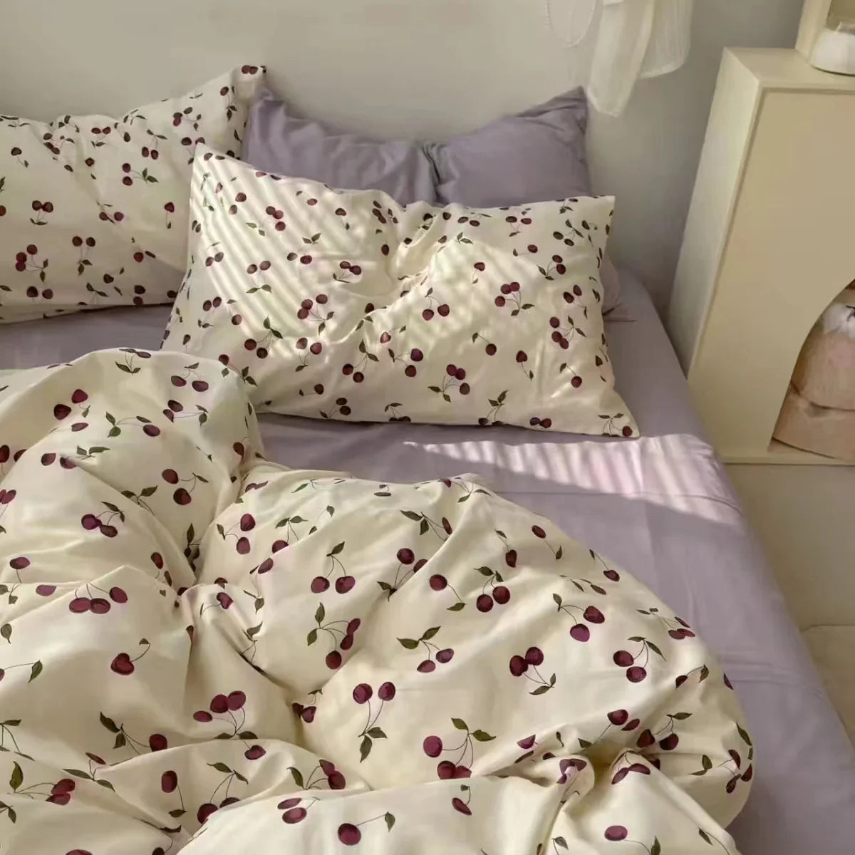 Romantic Cherry Heart Duvet Cover Set Flat Sheet Pillowcases Fashion New Twin Full Floral Bedding Set