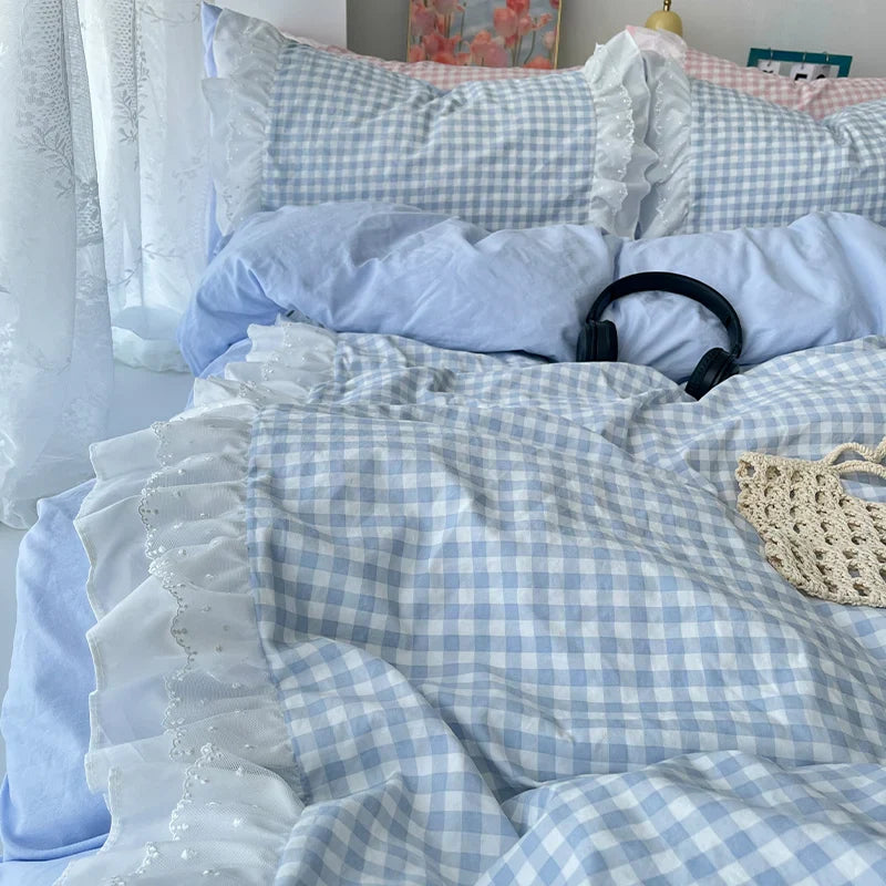 Plaid 3pcs Printed Bedding Set Lace Duvet Cover And 2pcs Pillowcases (no padding)