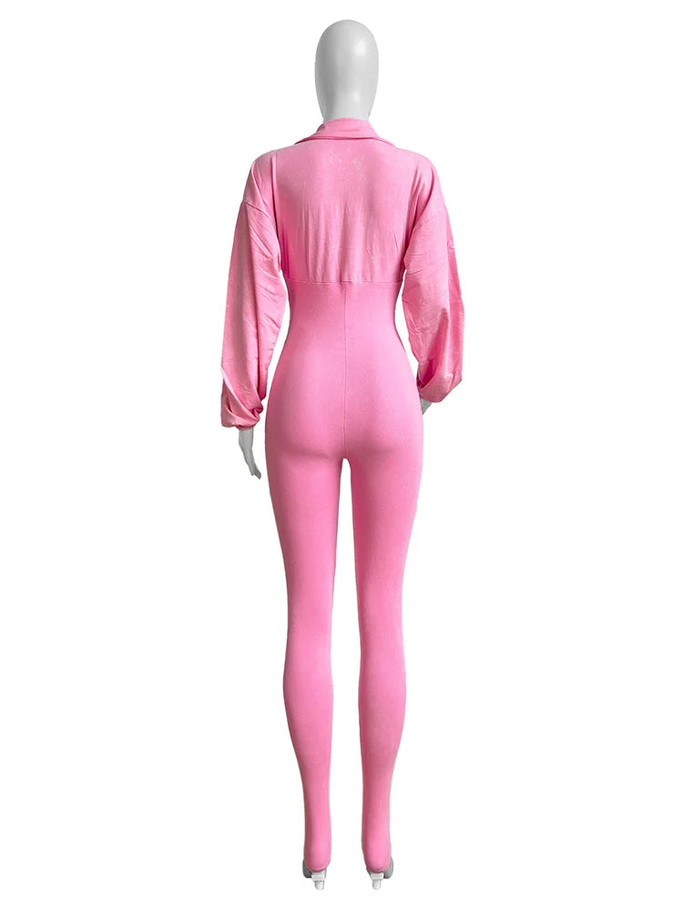 Washed Distressed Jumpsuit Women Ribbed V-Neck Solid SKinny Long Sleeve