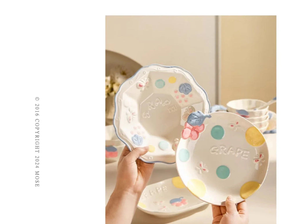 Cute Pattern Ceramic Plates Print Round Deep Tableware