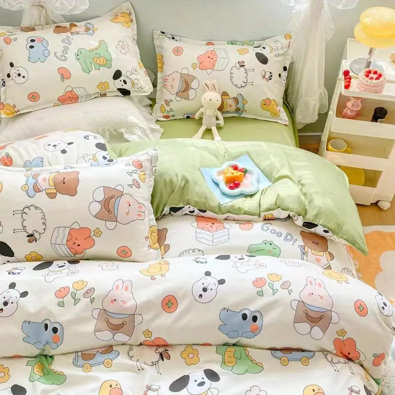 Cute Cartoon Bedding Set New No Filler Ins Soft Duvet Cover Flat Sheet Pillowcases Comforter Cover