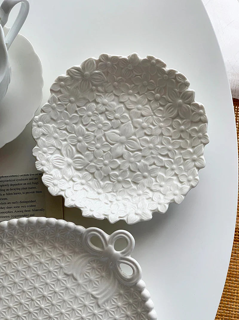 Bow Knot Pearl Relief Ceramic Breakfast Plate Vintage Plate