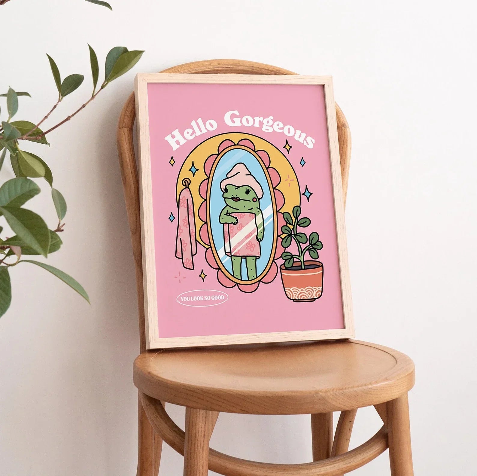 Girly Frog Self Love Wall Print, Positivity Hello Gorgeous Quote, Pink Retro Posters