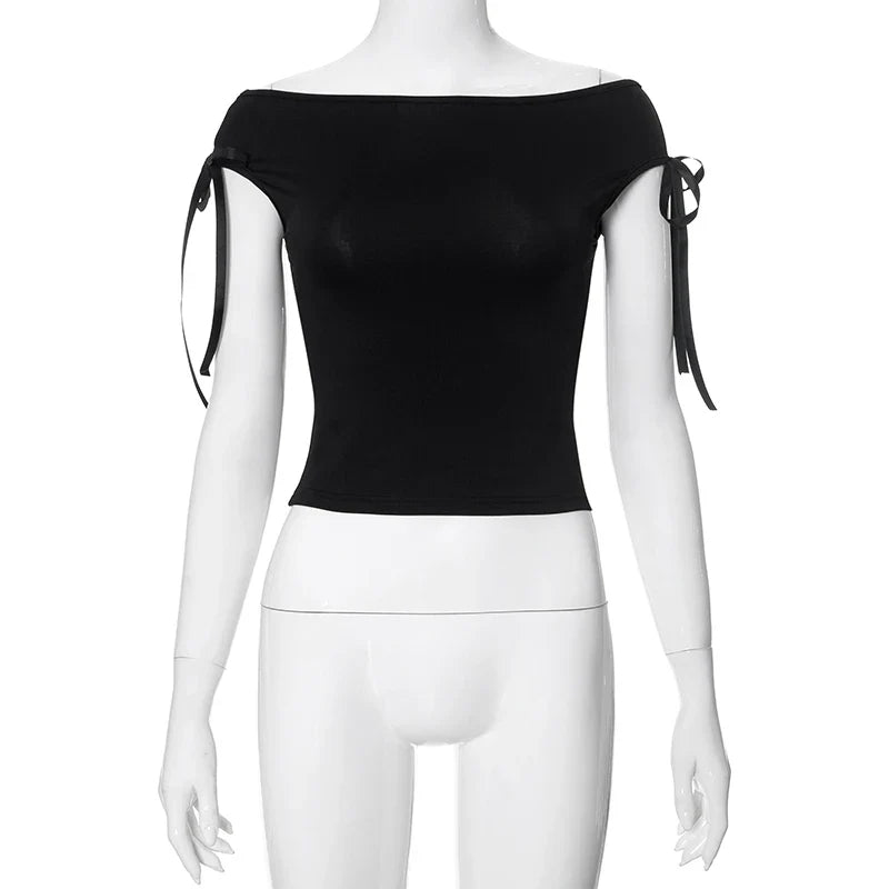 Summer Solid Color Sexy Off Shoulder Tops Lace Up Sleeveless T-Shirt Casual Slim Crop Top  Black Short Sleeve Women