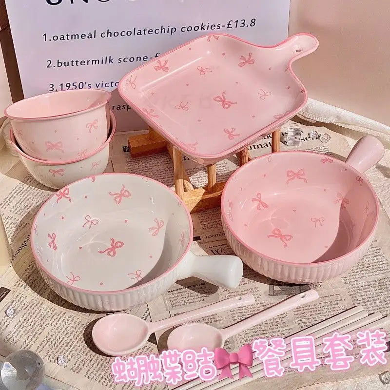 Pink Bow Ceramic Cutlery Set, Home Tableware Ceramic Handle Bowl Yogurt Cup High Value Breakfast Plate Drinkware