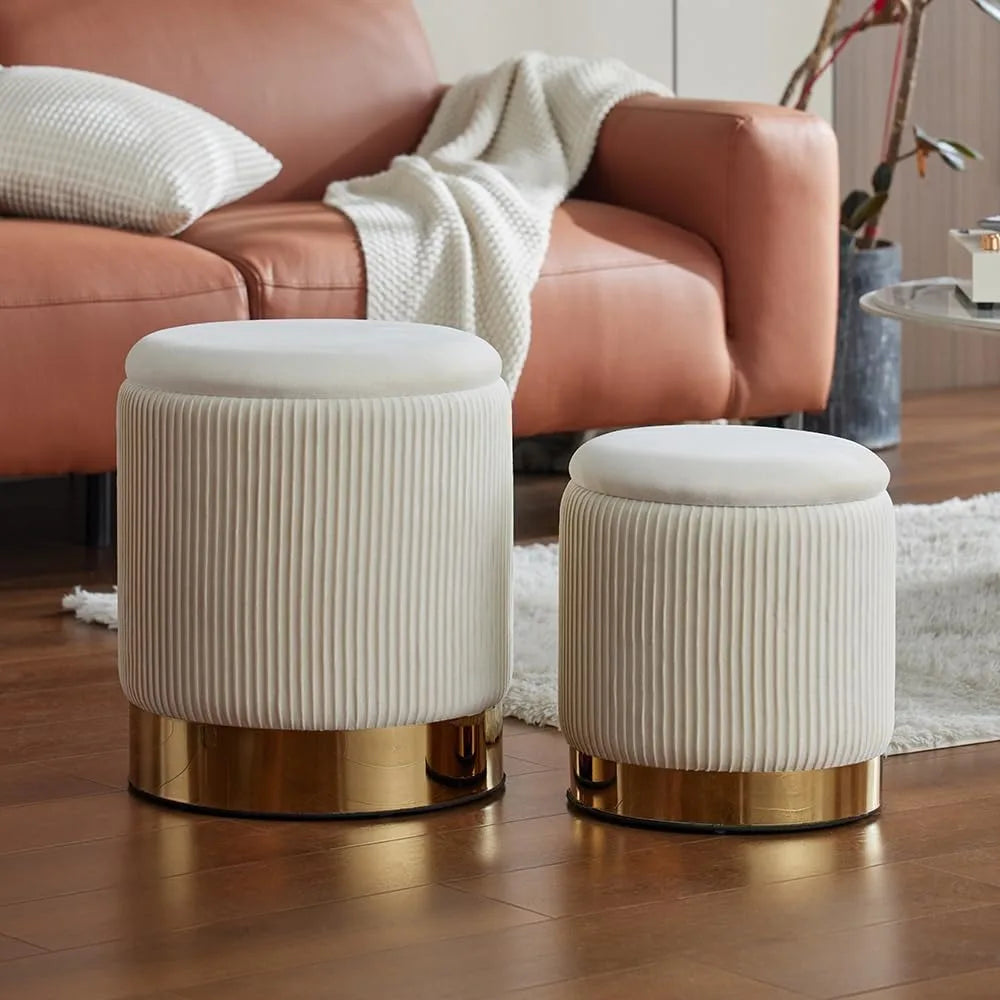 Round Ottoman with Storage Set of 2 Upholstered Velvet Vanity Stool for Living Room Ottomans Multifunctional Foot Rest
