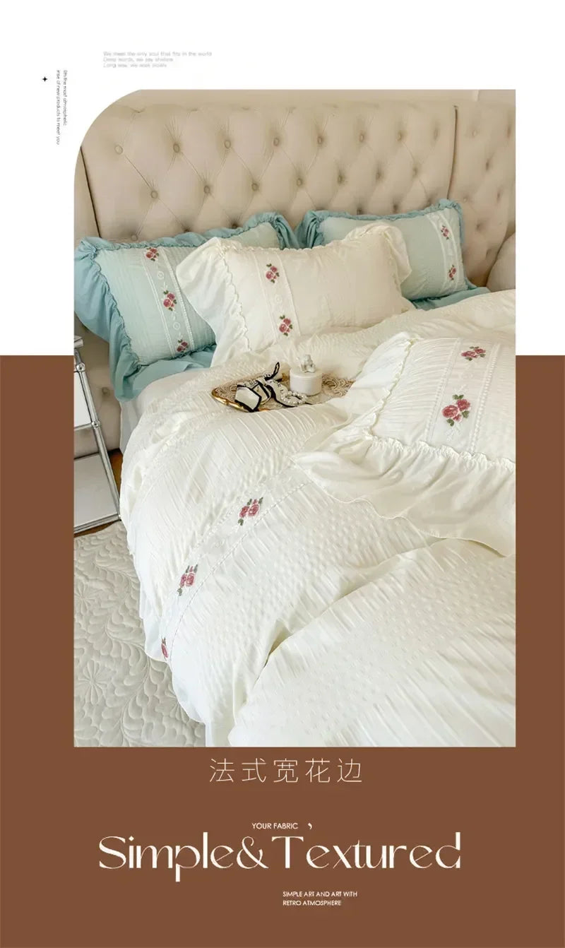 French Embroidered Lace Bubble Gauze Bedding Set Elegant Princess Style Duvet Cover Set Ruffled Comforter Cover Sets