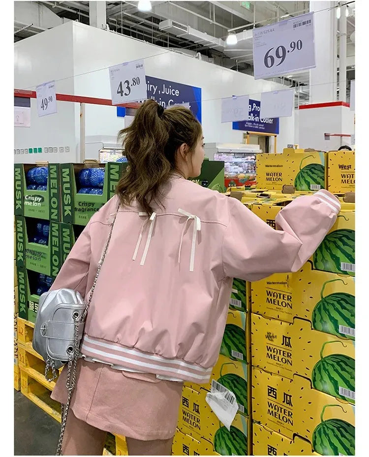 Sweet Butterfly Knot Pink Baseball Jacket Women's Spring Autumn Casual Loose Fit round Neck Full Sleeve Fashionable Coat
