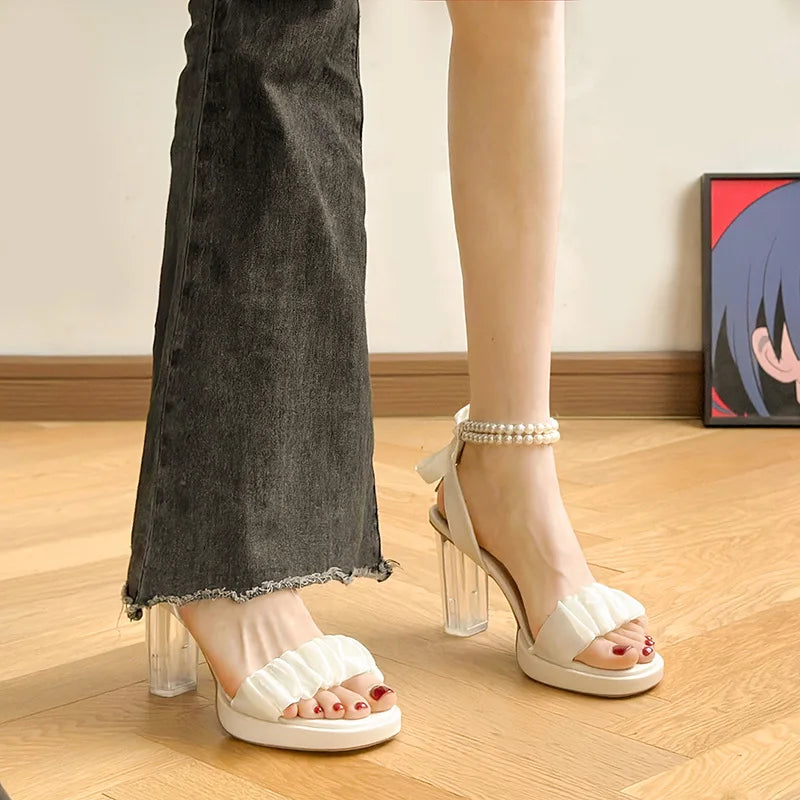 Women's Fashion Crystal Pearl High Heels Sandals