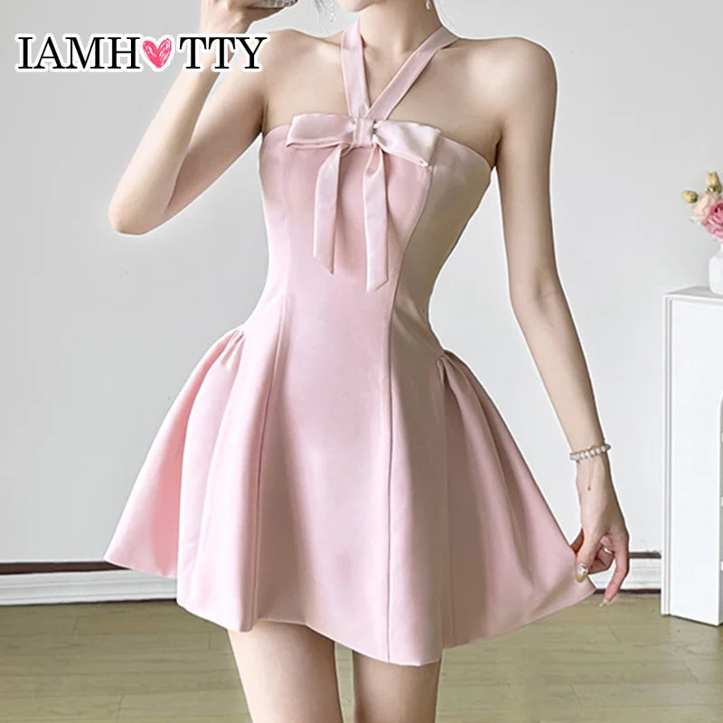 Dress Pink Coquette Aesthetic Puffy Bow Halter-neck A-line Mini Dress